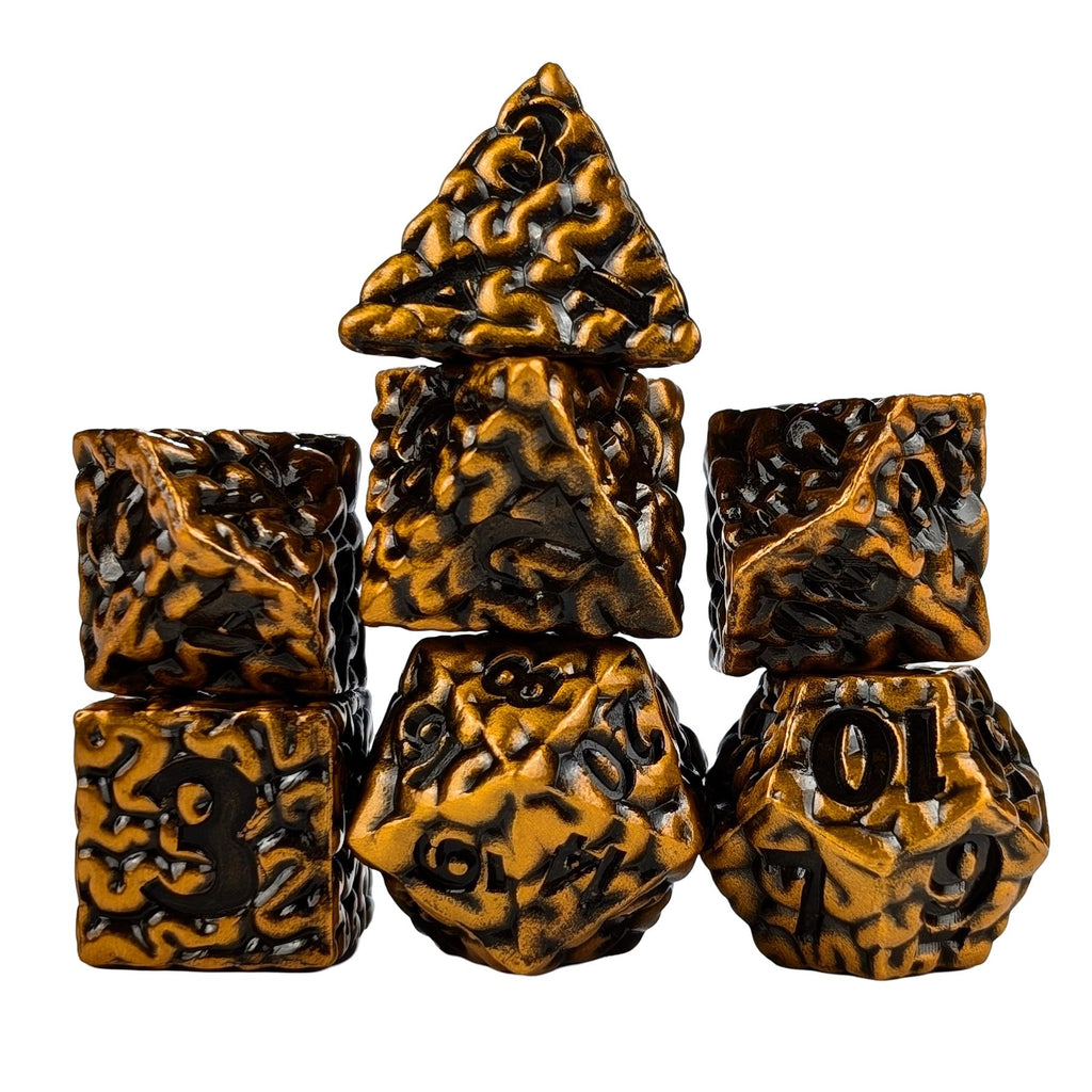 7pcs RPG Dice Set - Black Wash over Gold Metal Brains
