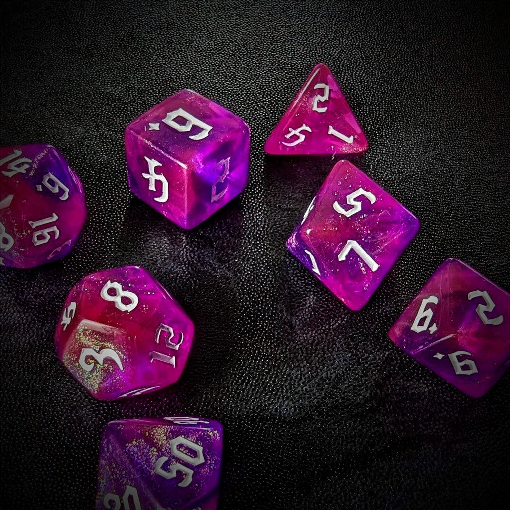 Glitter in Pink & Purple Acrylic - 7pcs RPG Full Dice Set