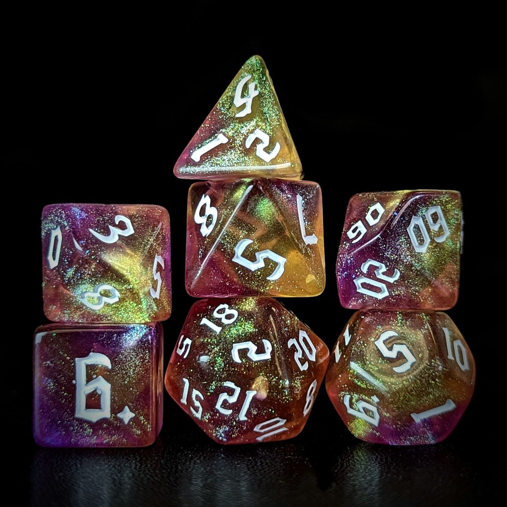 Glitter in Yellow & Pink Acrylic - 7pcs RPG Full Dice Set