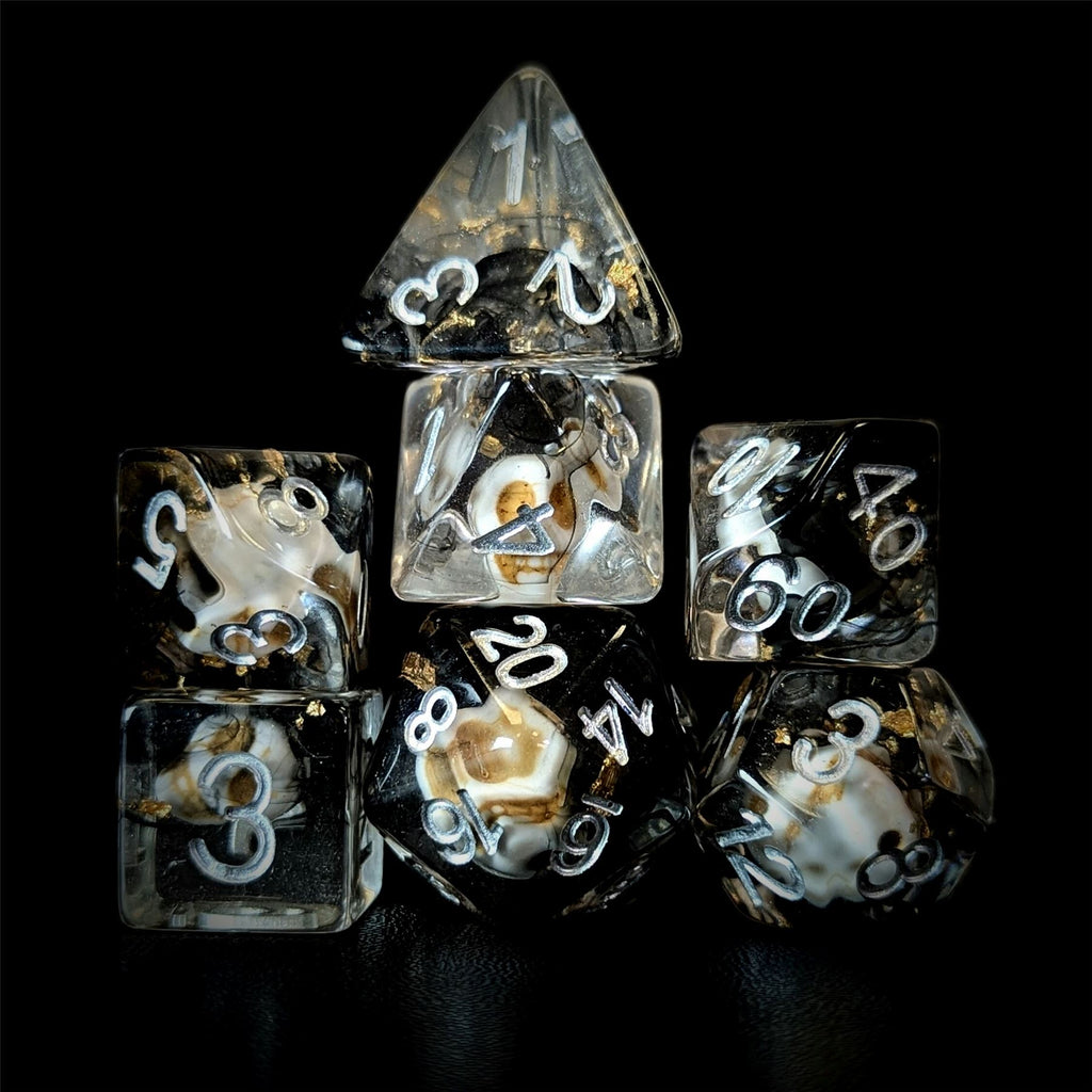 Skull with Gold Foil in Black & Clear Resin - 7pcs RPG Full Dice Set