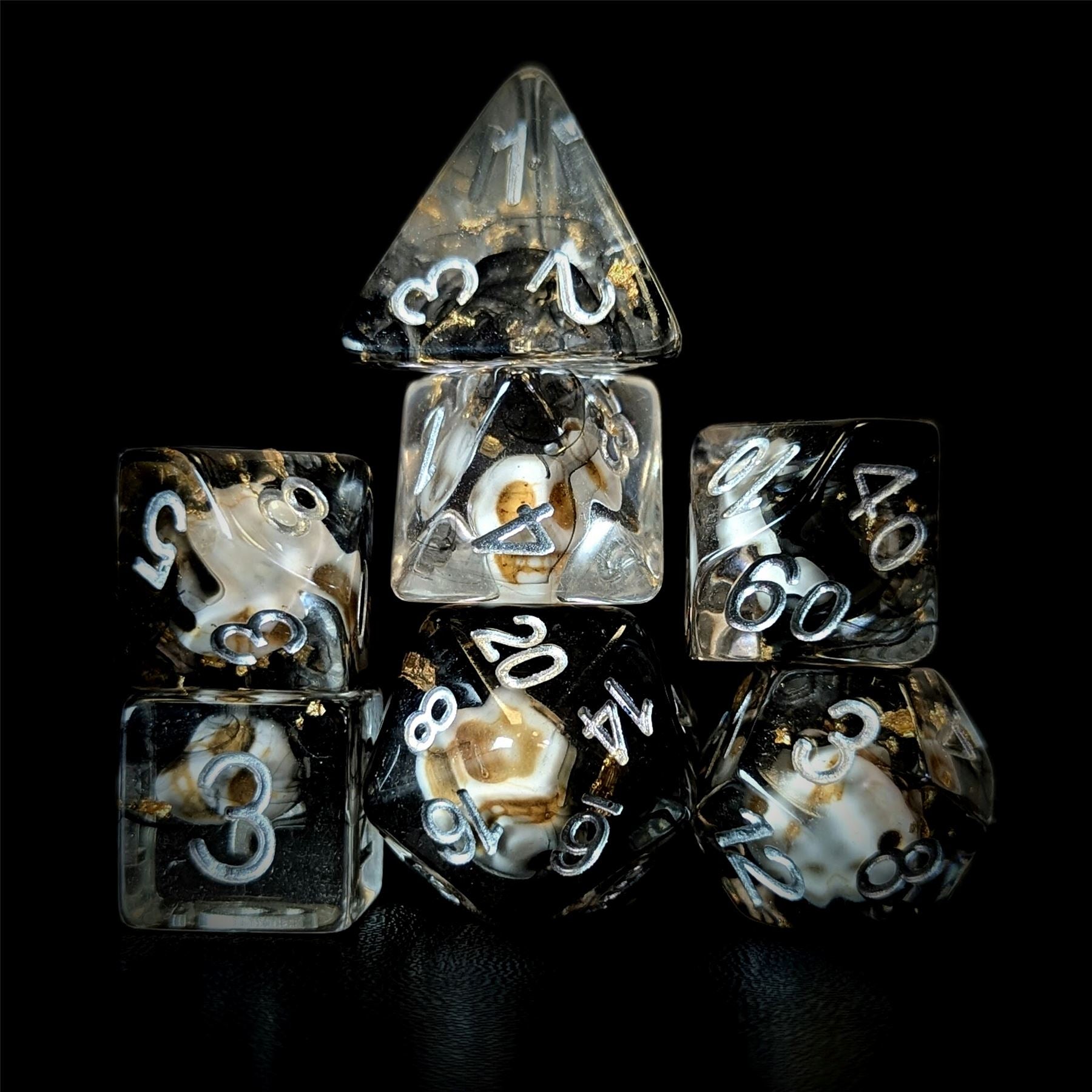 Skull with Gold Foil in Black & Clear Resin - 7pcs RPG Full Dice Set