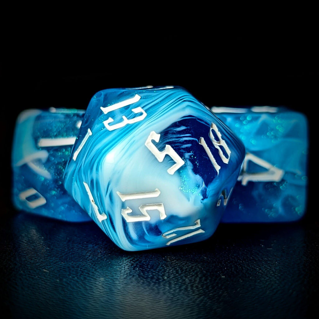 Glitter in Blue & White Acrylic - 7pcs RPG Full Dice Set