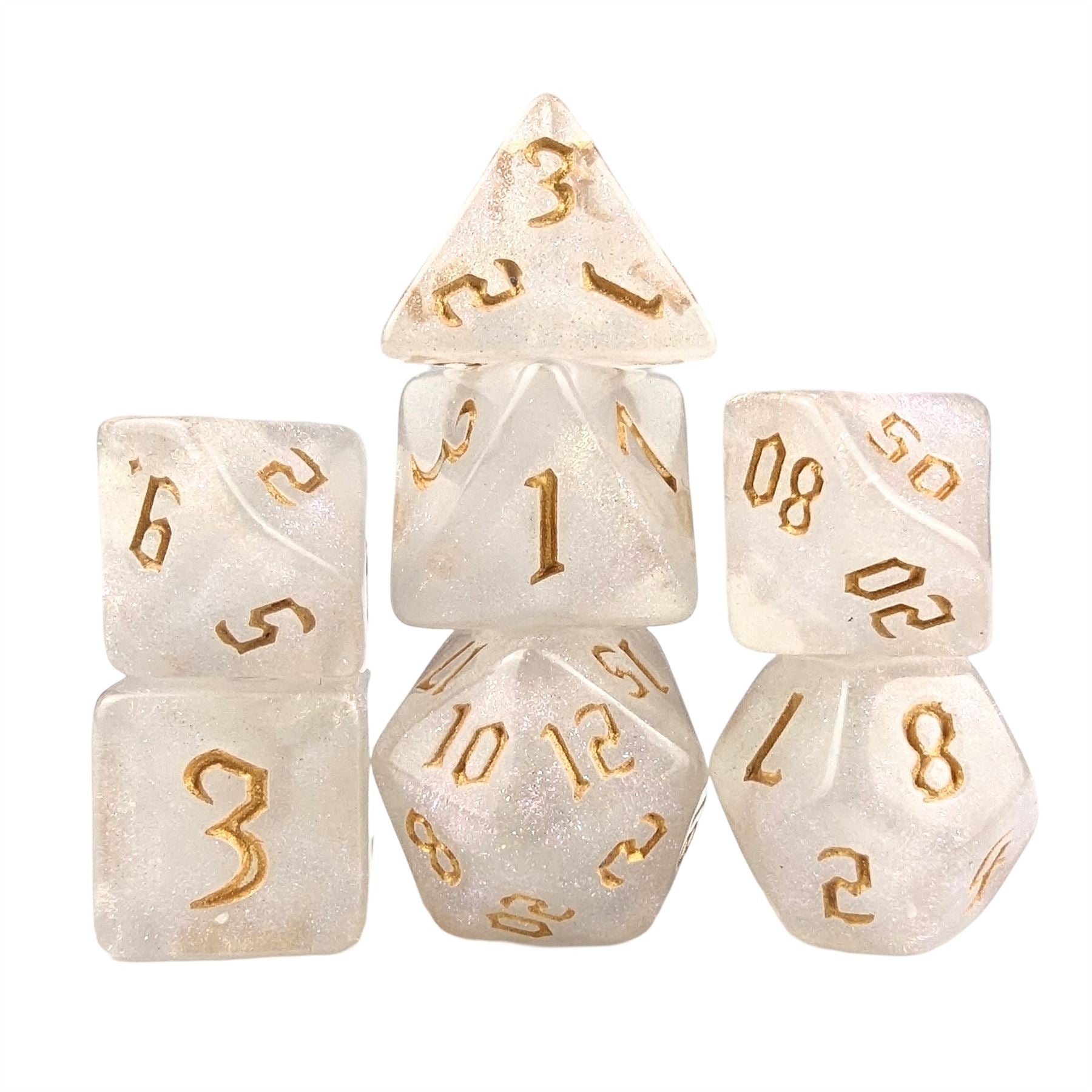 Glitter in White Acrylic with Gold Font - 7pcs RPG Full Dice Set