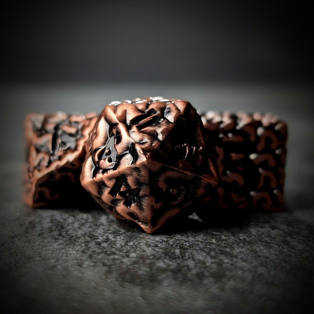 7pcs RPG Dice Set - Black Wash over Copper Metal Brains
