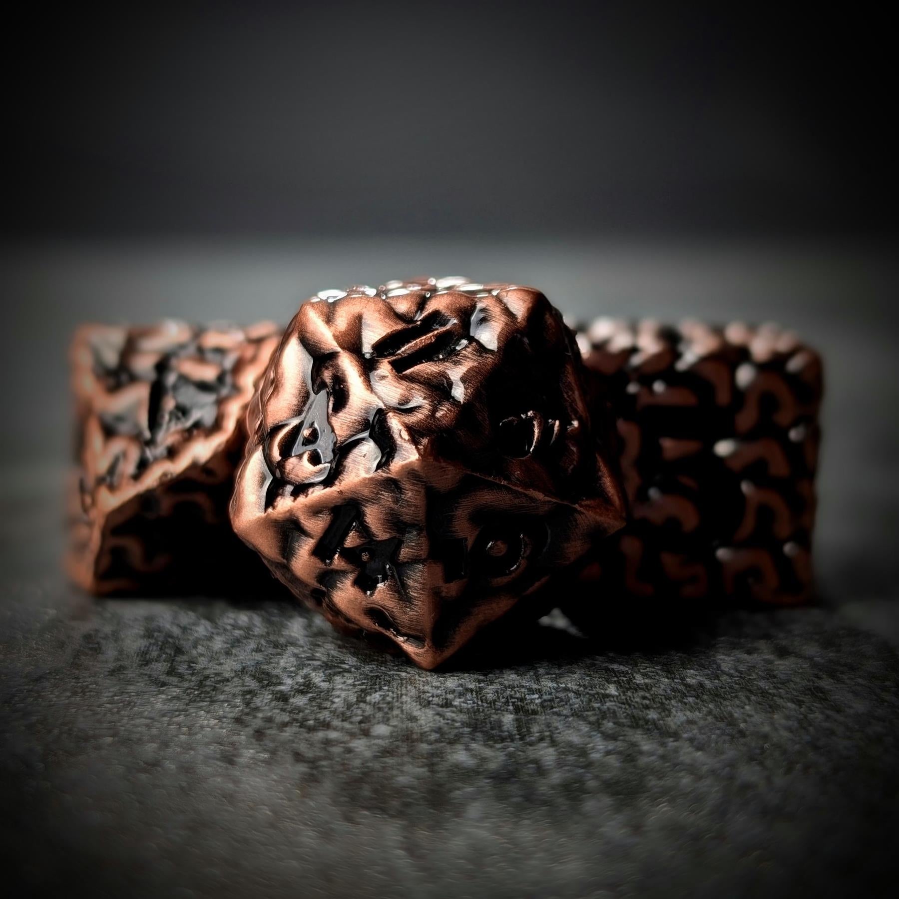 7pcs RPG Dice Set - Black Wash over Copper Metal Brains