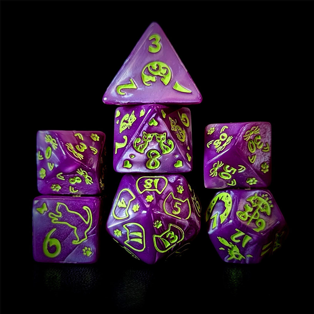Yellow Cats on Pink Acrylic - 7pcs RPG Full Dice Set