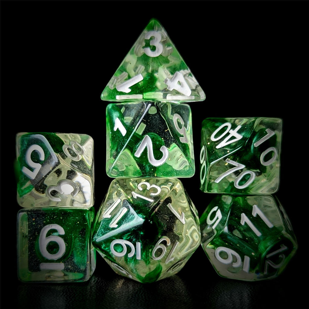 Green Swirl in Clear Resin - 7pcs RPG Full Dice Set