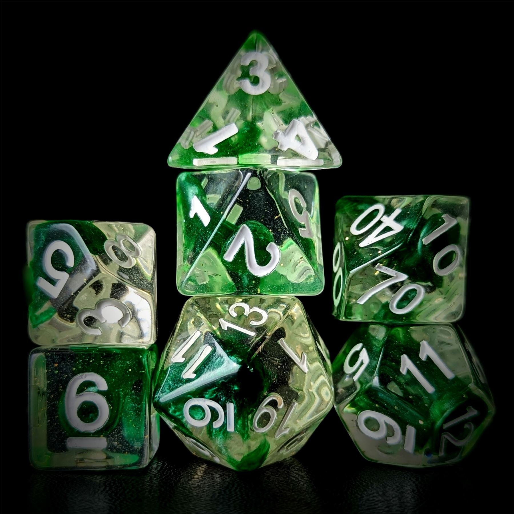 Green Swirl in Clear Resin - 7pcs RPG Full Dice Set