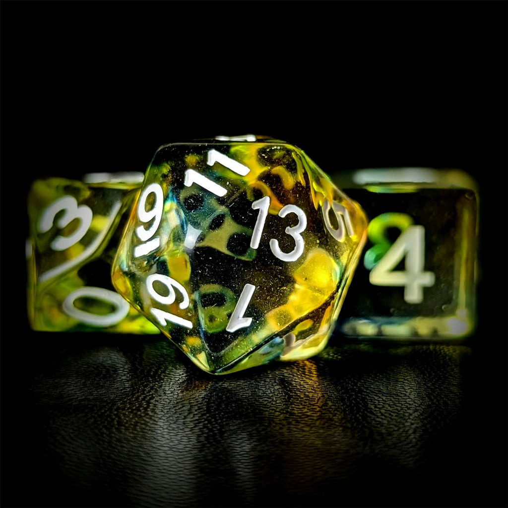 Yellow & Black with Blue Swirl in Clear Resin - 7pcs RPG Full Dice Set