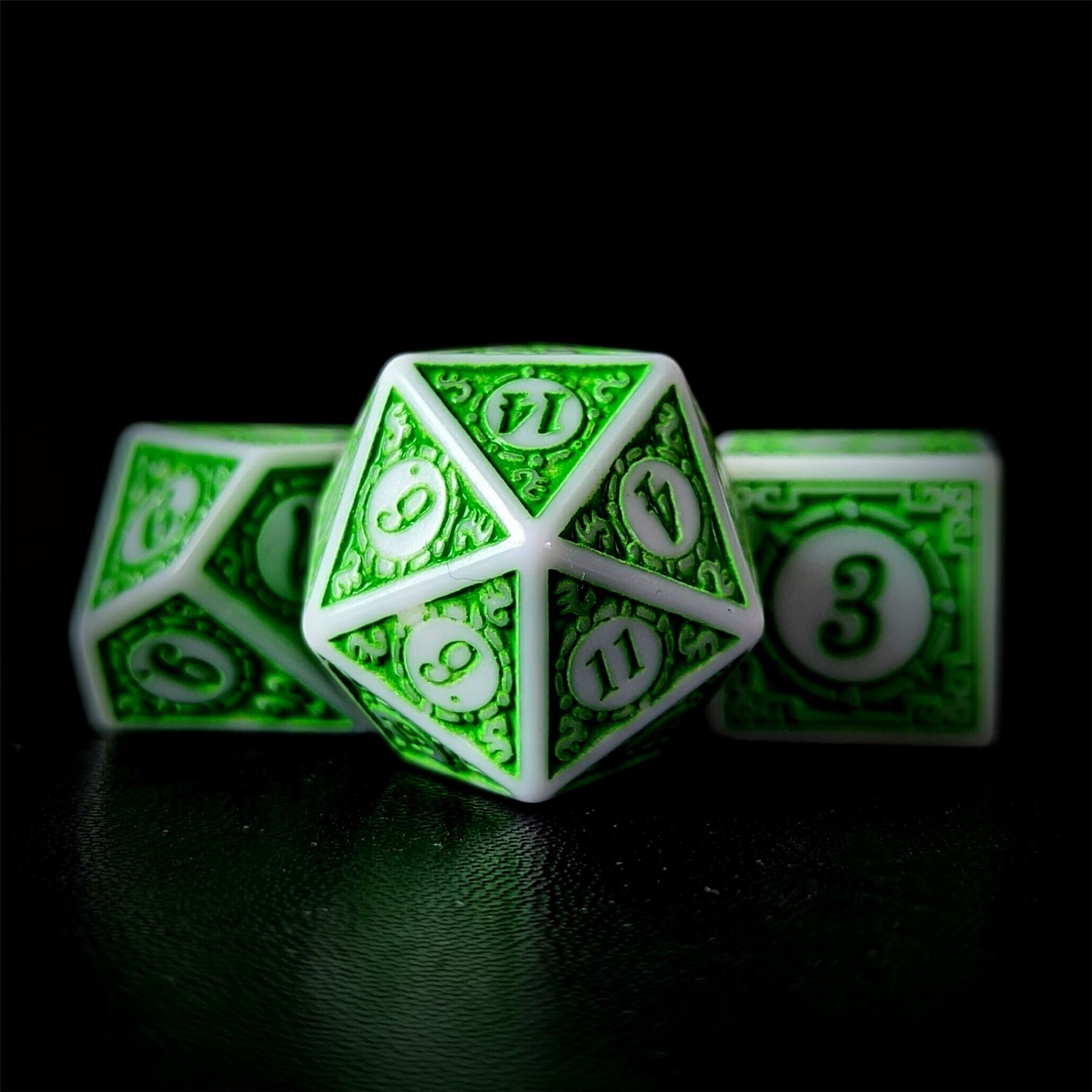 Green Lattice on White Acrylic - 7pcs RPG Full Dice Set