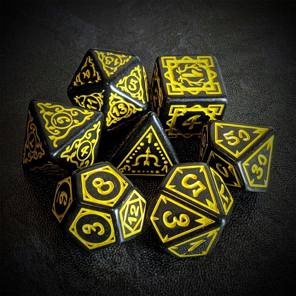 Yellow Vines on Black Acrylic - 7pcs RPG Full Dice Set