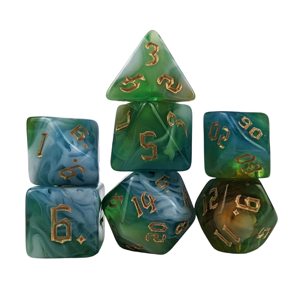 Blend of Green & Sky Blue Acrylic - 7pcs RPG Full Dice Set