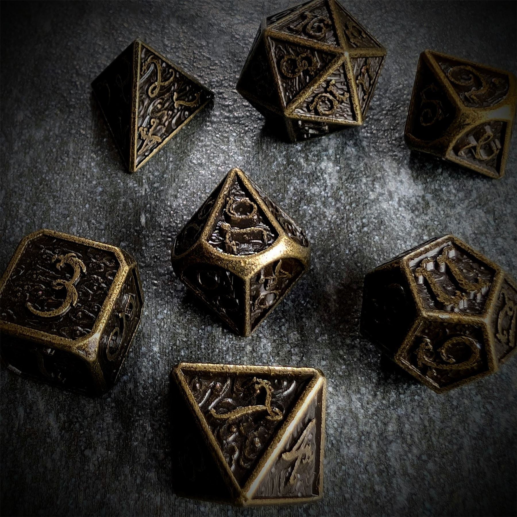 Bronze Metal with Dragon Font - 7pcs RPG Dice Set