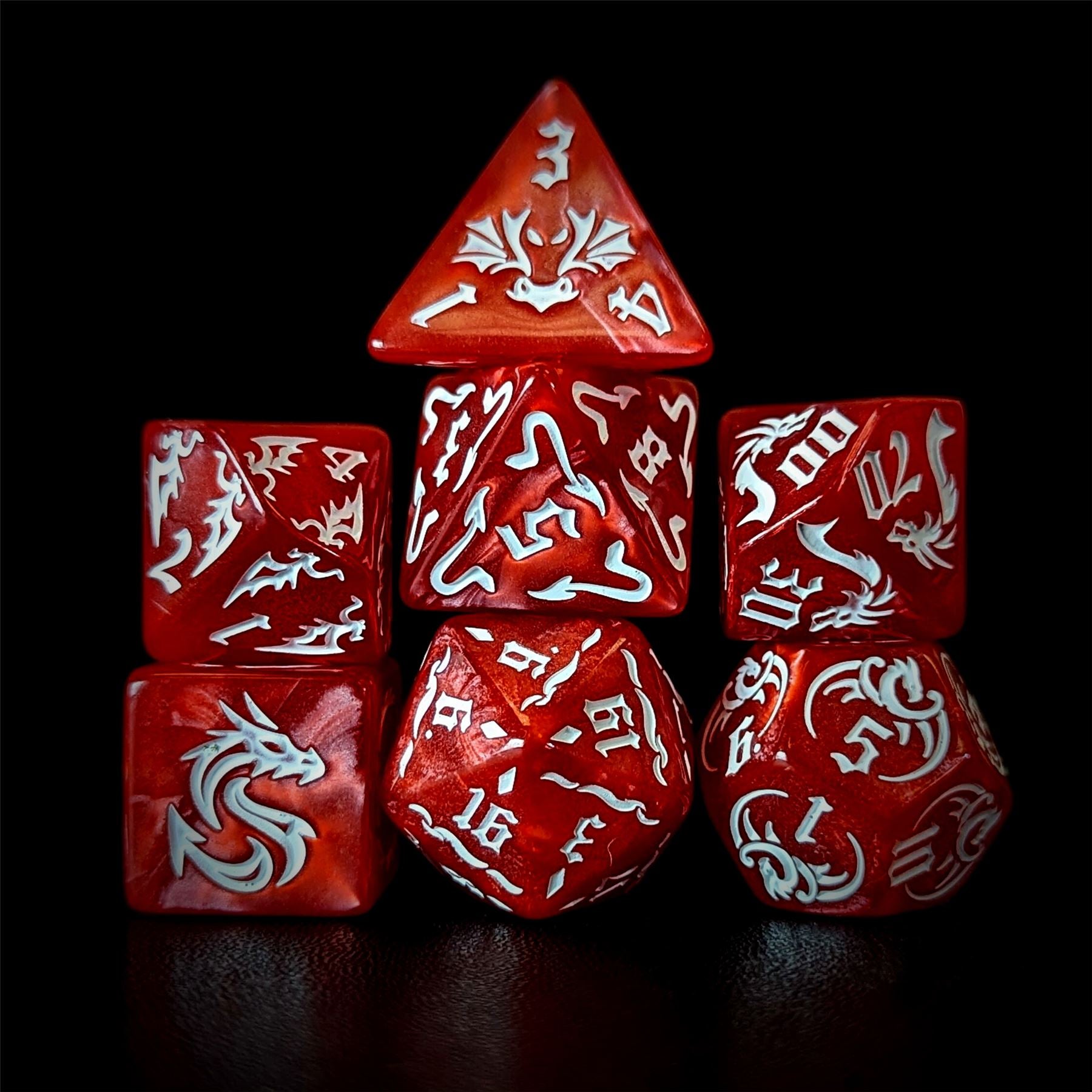 White Dragon on Red Acrylic - 7pcs RPG Full Dice Set