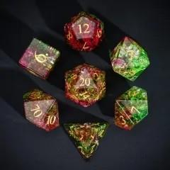 7pcs Dice Gem Glass Gold Font Cracked Pink Green (UD)