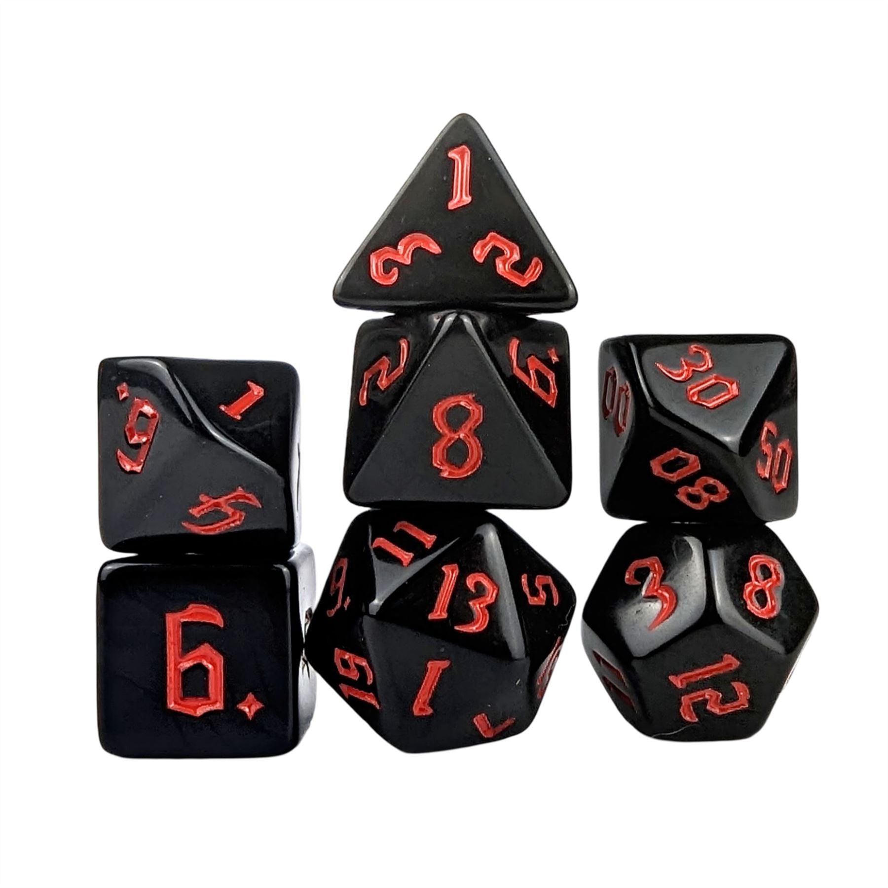 Red on Solid Black Acrylic - 7pcs RPG Full Dice Set