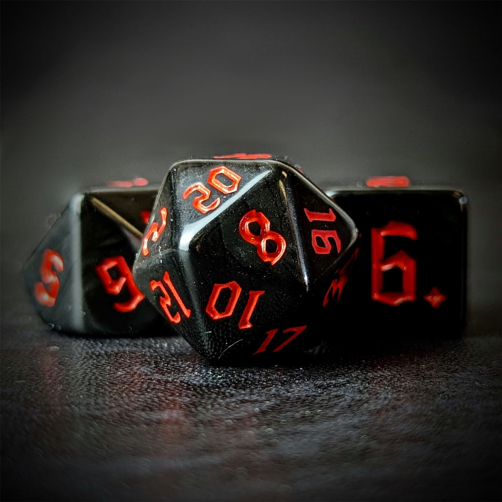 Red on Solid Black Acrylic - 7pcs RPG Full Dice Set