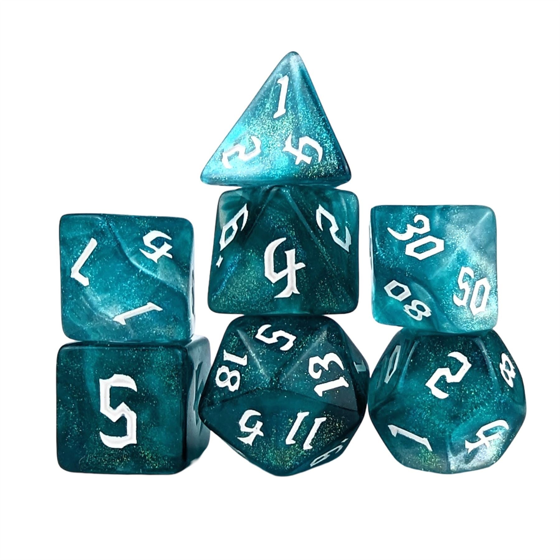 Glitter in Blue & Green Acrylic - 7pcs RPG Full Dice Set