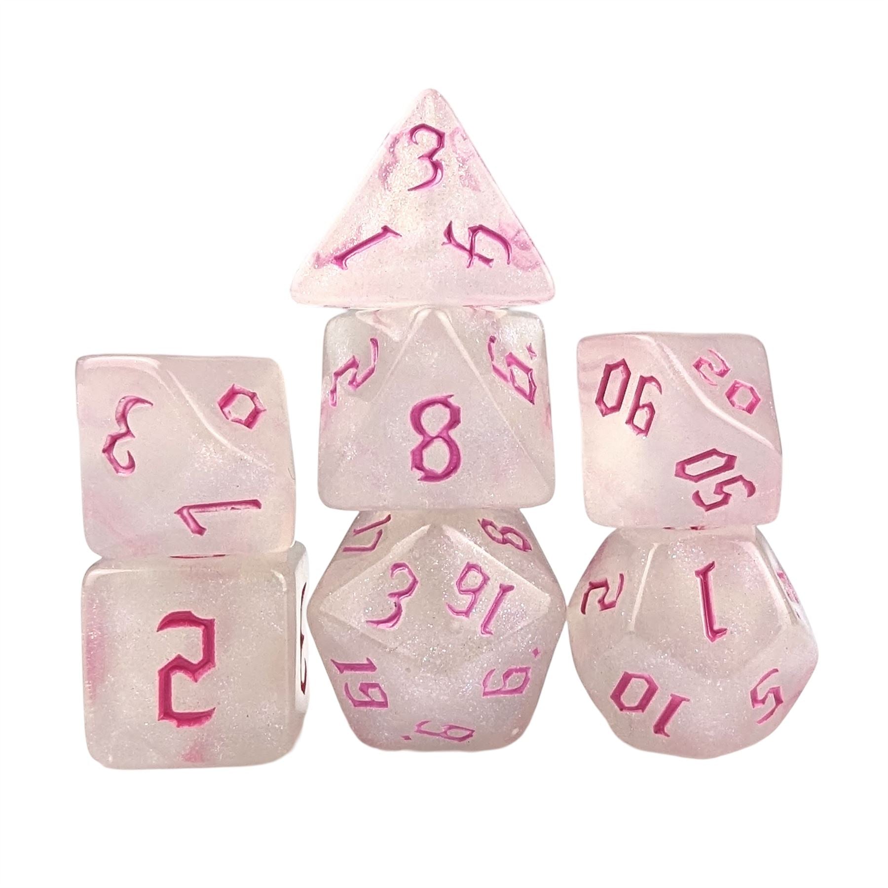 Glitter in White Acrylic with Pink Font - 7pcs RPG Full Dice Set