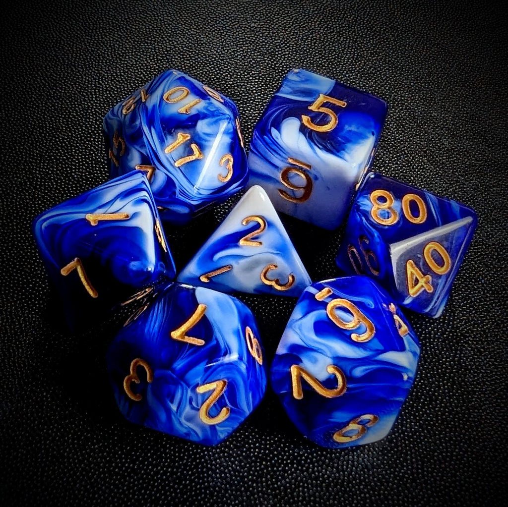 Blend of White & Royal Blue Acrylic - 7pcs RPG Full Dice Set