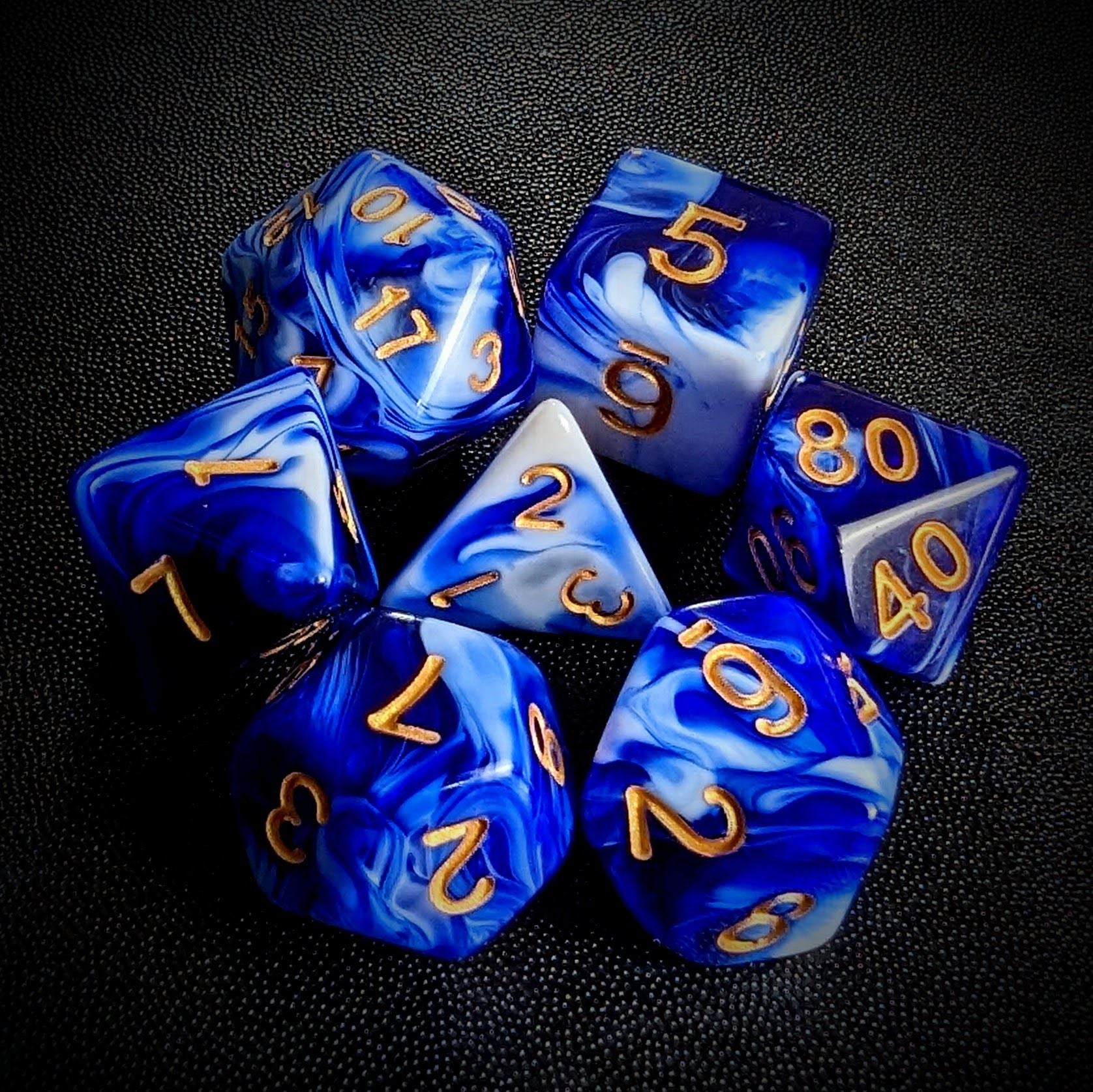Blend of White & Royal Blue Acrylic - 7pcs RPG Full Dice Set