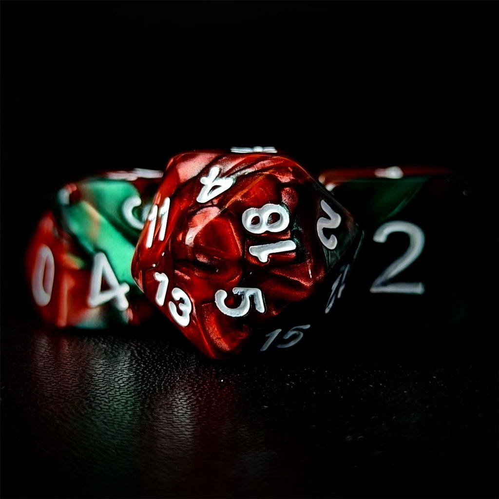 Blend of Red & Green Acrylic - 7pcs RPG Full Dice Set