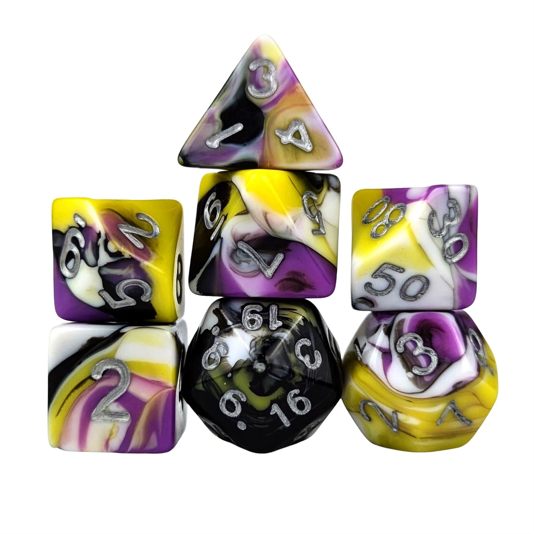 7pcs Dice Acrylic Blend Silver Font Purple Black Yellow