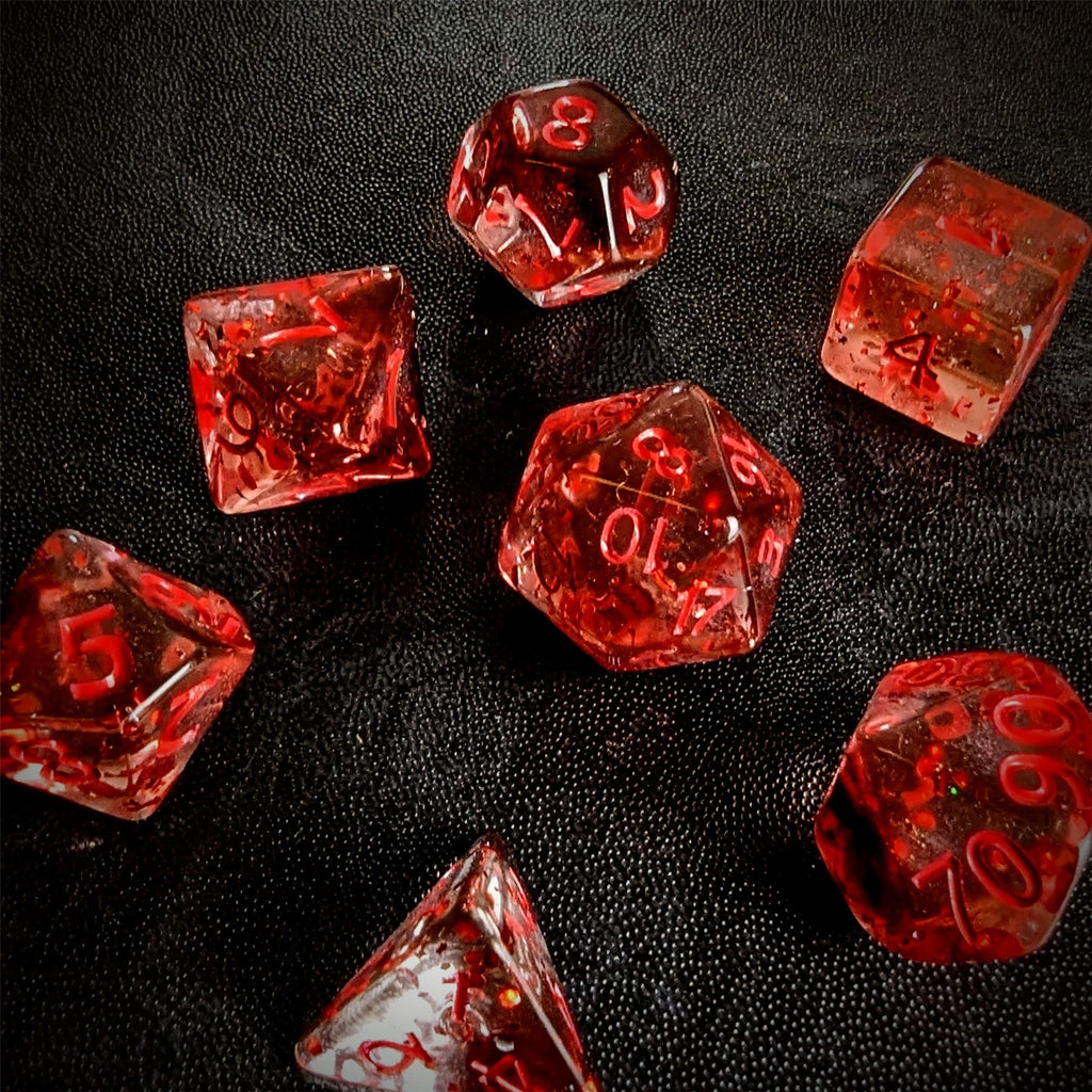Glitter in Clear Red Acrylic - 7pcs RPG Full Dice Set