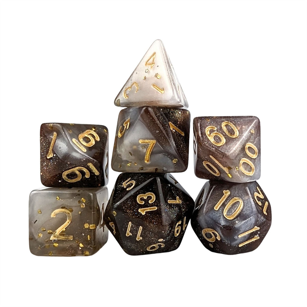 Glitter in White & Brown Acrylic - 7pcs RPG Full Dice Set