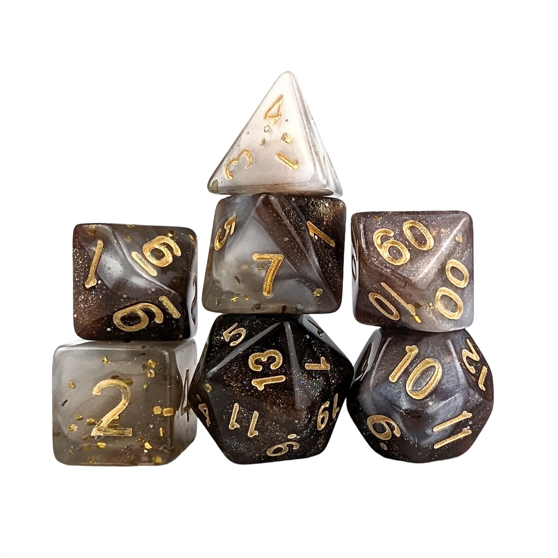 Glitter in White & Brown Acrylic - 7pcs RPG Full Dice Set
