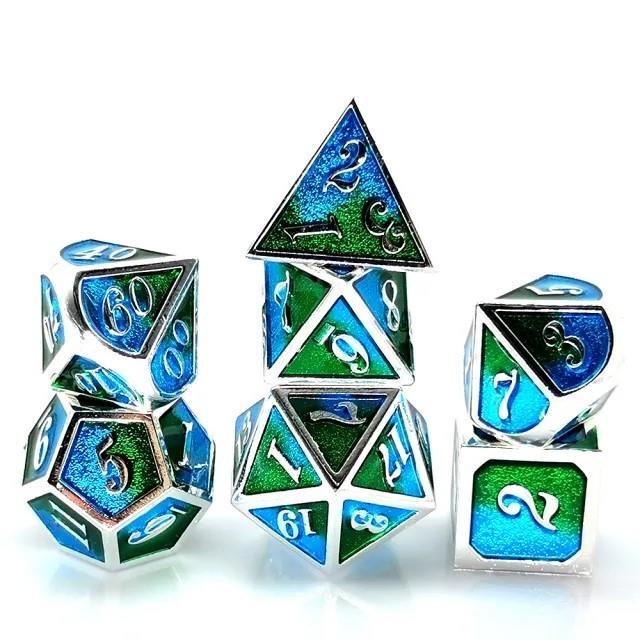 7pcs Dice Metal Enamel Silver Blue Green