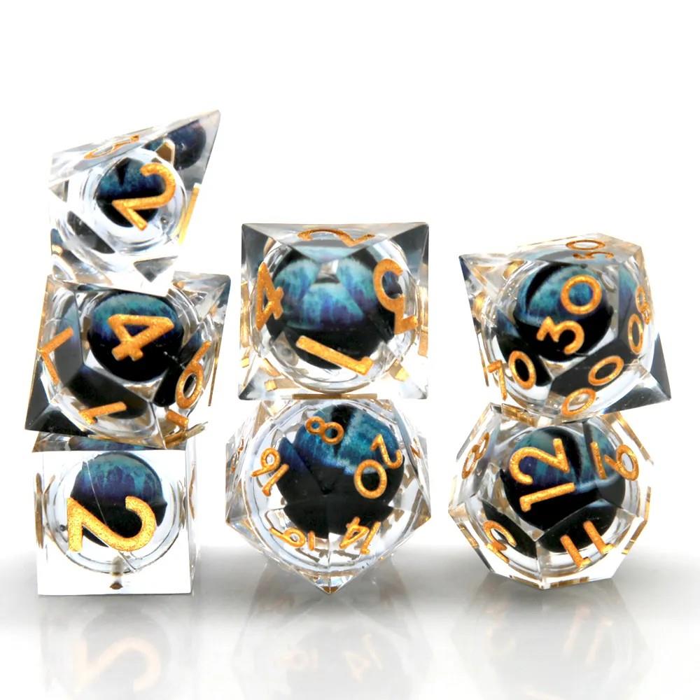 Blue Dragon Eye Ball in Clear Filled Sharp Resin - 7pcs RPG Dice Set