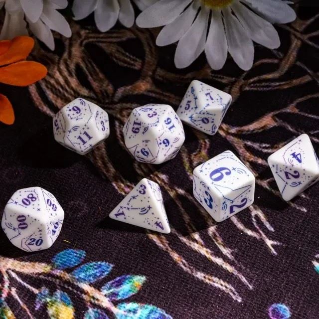 Handmande Blue Constellation on White Resin -  7pcs RPG Dice Set