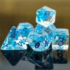Blue Flowers in Clear Resin - 7pcs RPG Full Dice Set