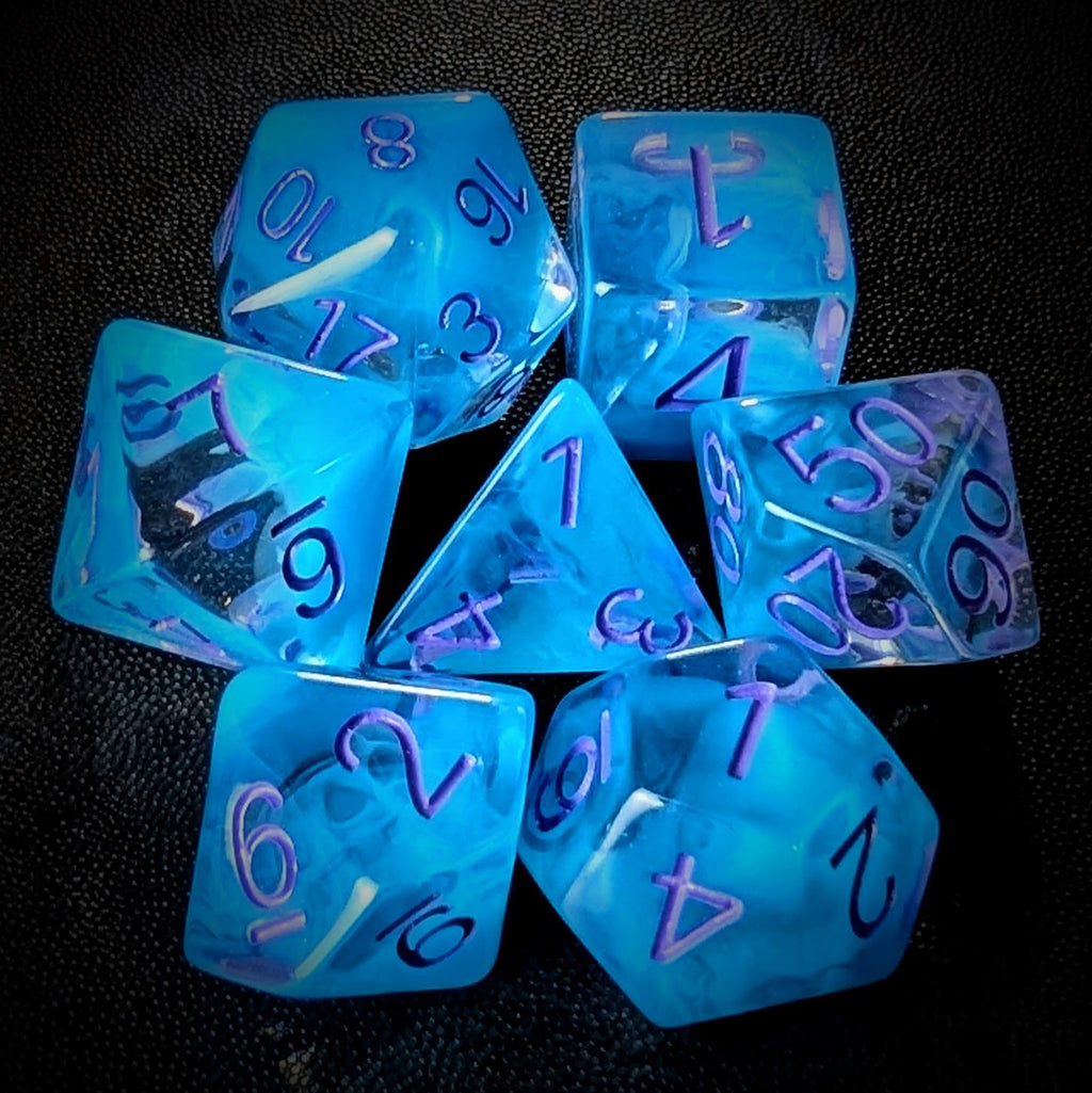 Sky Blue Swirl in Clear Resin - 7pcs RPG Full Dice Set
