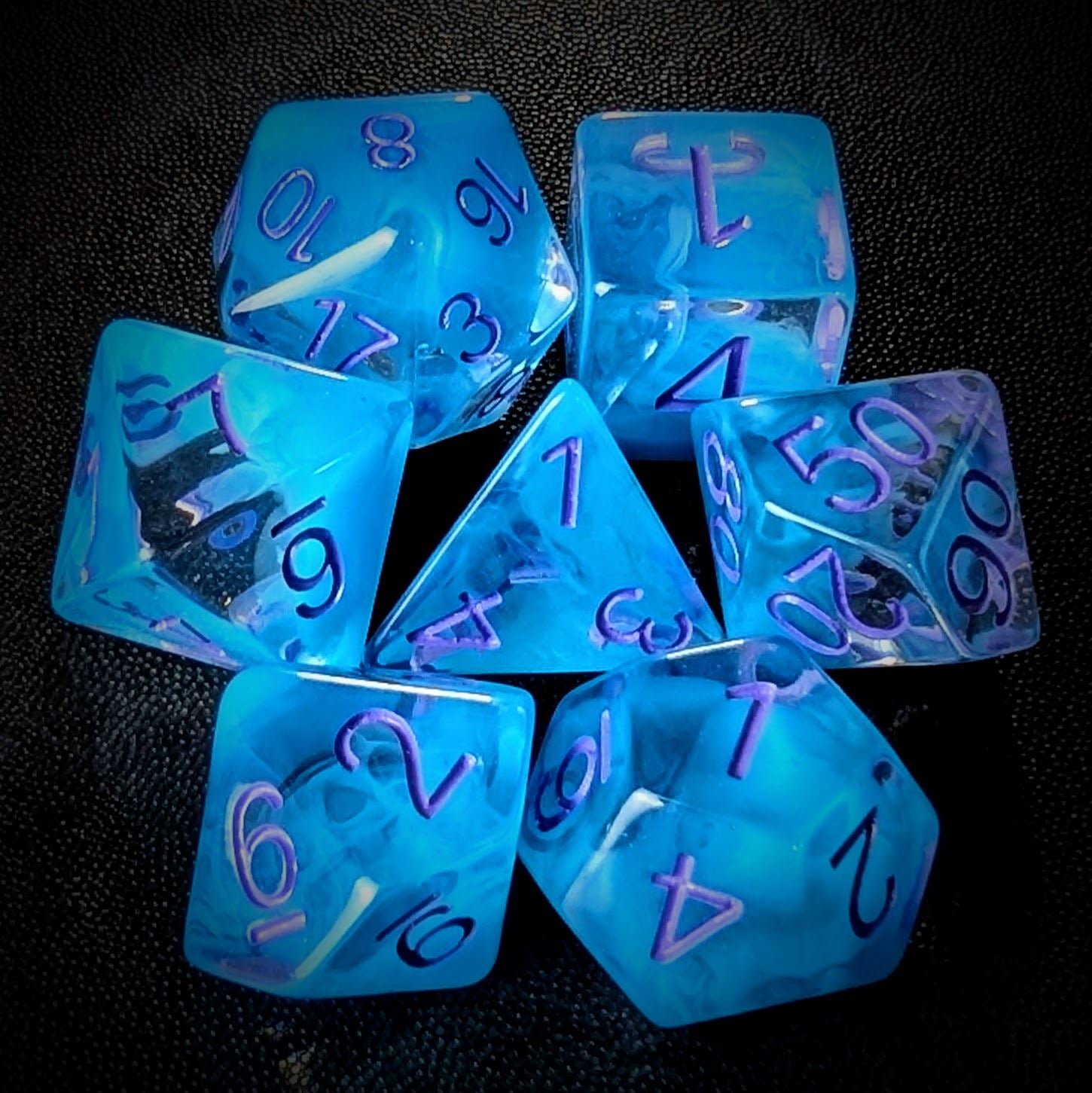 Sky Blue Swirl in Clear Resin - 7pcs RPG Full Dice Set