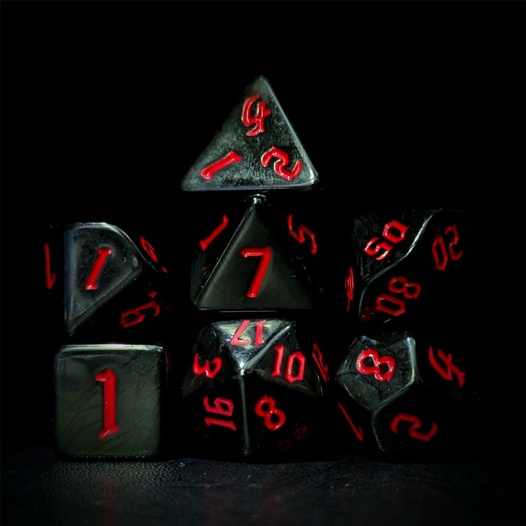 Red on Solid Black Acrylic - 7pcs RPG Full Dice Set