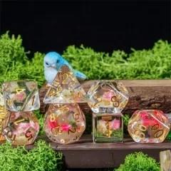 Pink Flowers in Clear Resin - 7pcs RPG Full Dice Set
