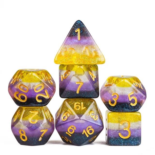 7pcs Dice Resin Layer Gold Font Non Binary Blue Purple Yellow