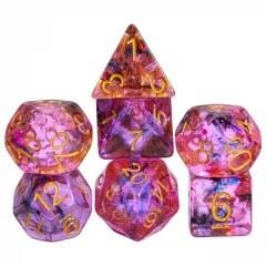 7pcs Dice Resin Swirl Gold Font Red Pink