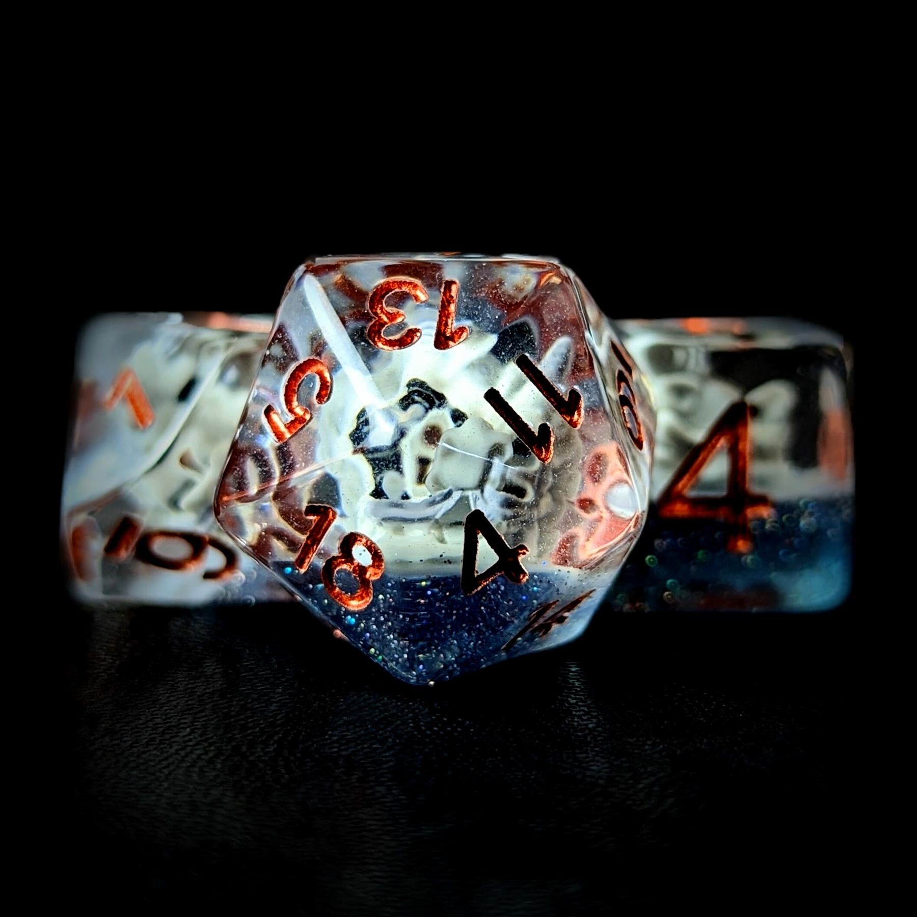 Dragon Skull in Clear & Blue Resin - 7pcs RPG Full Dice Set