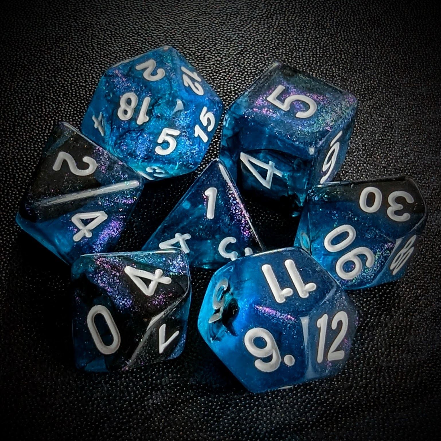 Glitter in Blue & Black Acrylic - 7pcs RPG Full Dice Set