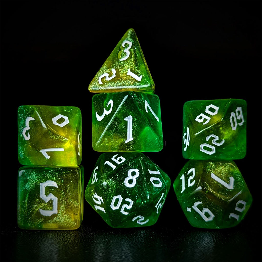 Glitter in Green & Yellow Acrylic - 7pcs RPG Full Dice Set