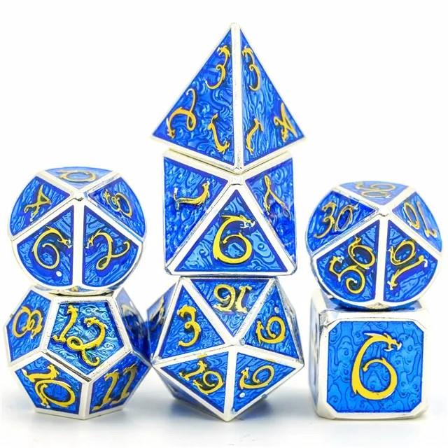 Blue Enamel in Silver Metal - 7pcs RPG Dice Set
