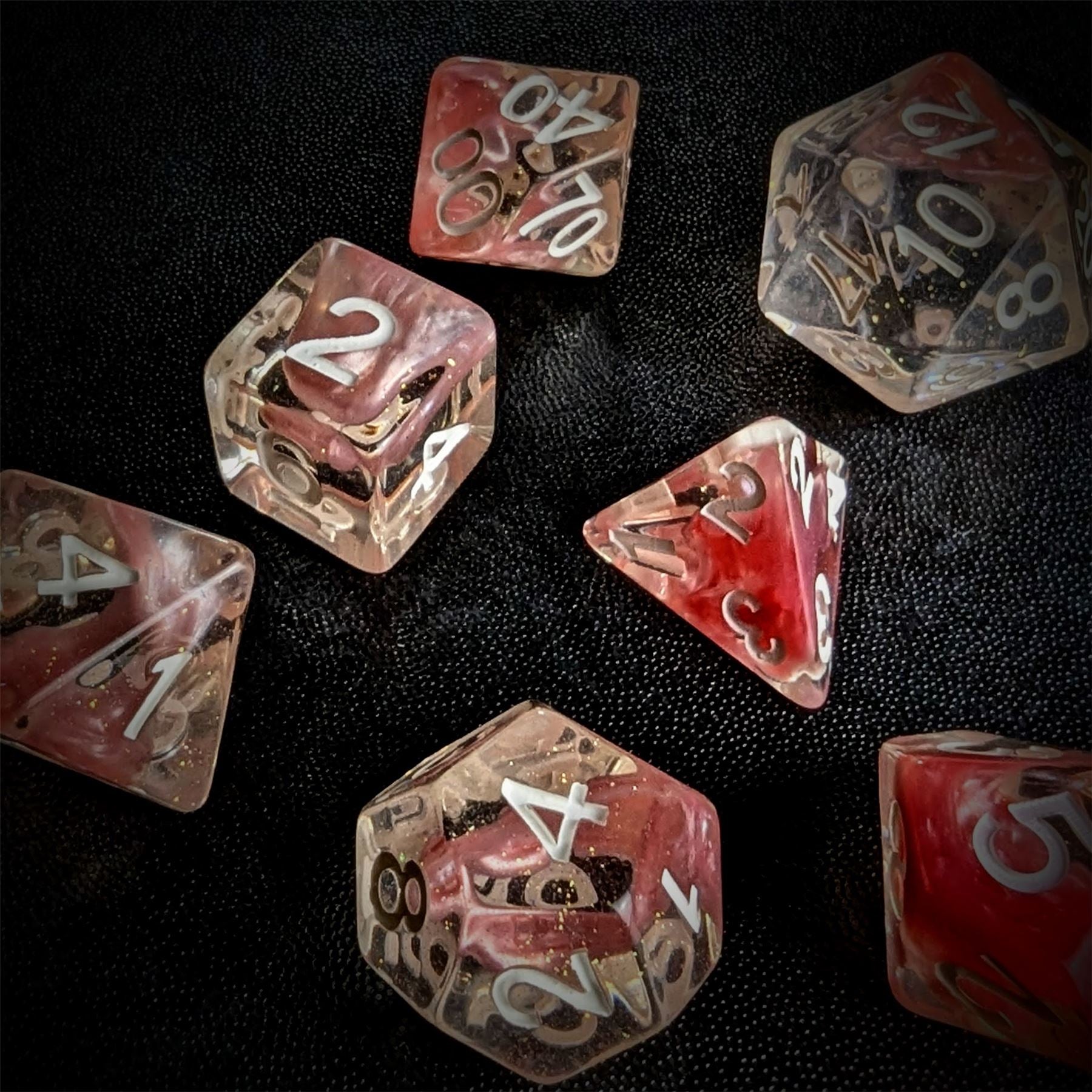 Pink Swirl in Clear Resin - 7pcs RPG Full Dice Set
