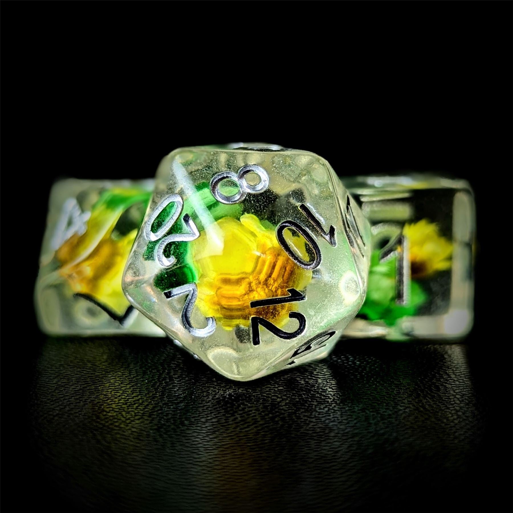 Yellow & Green Flowers in Clear Resin - 7pcs RPG Full Dice Set
