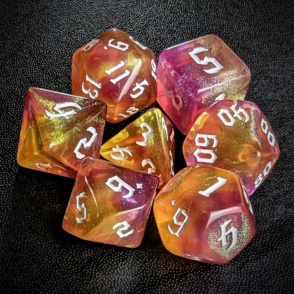 Glitter in Yellow & Pink Acrylic - 7pcs RPG Full Dice Set