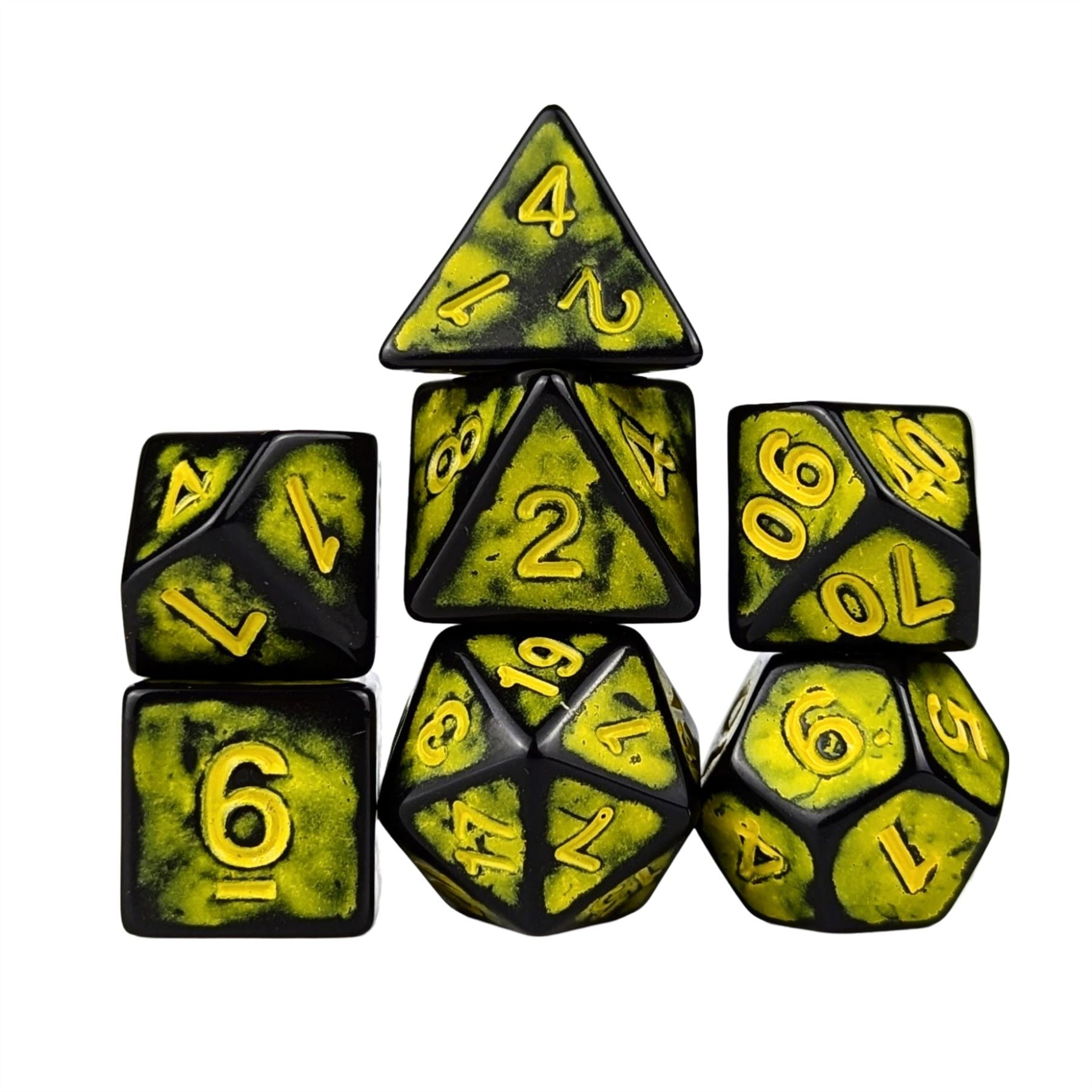Washed Yellow on Black Acrylic - 7pcs RPG Full Dice Set
