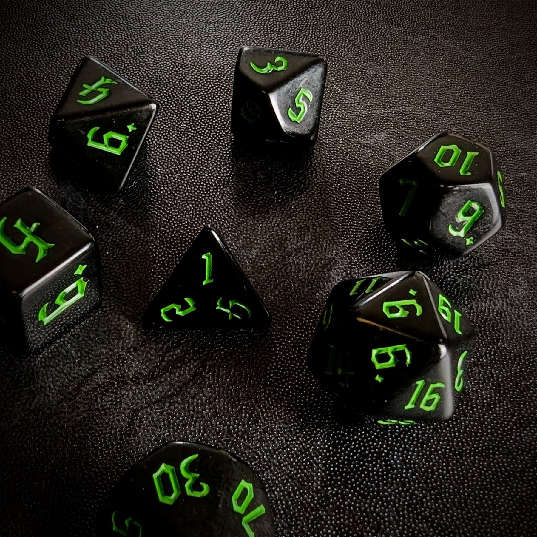 Green on Solid Black Acrylic - 7pcs RPG Full Dice Set