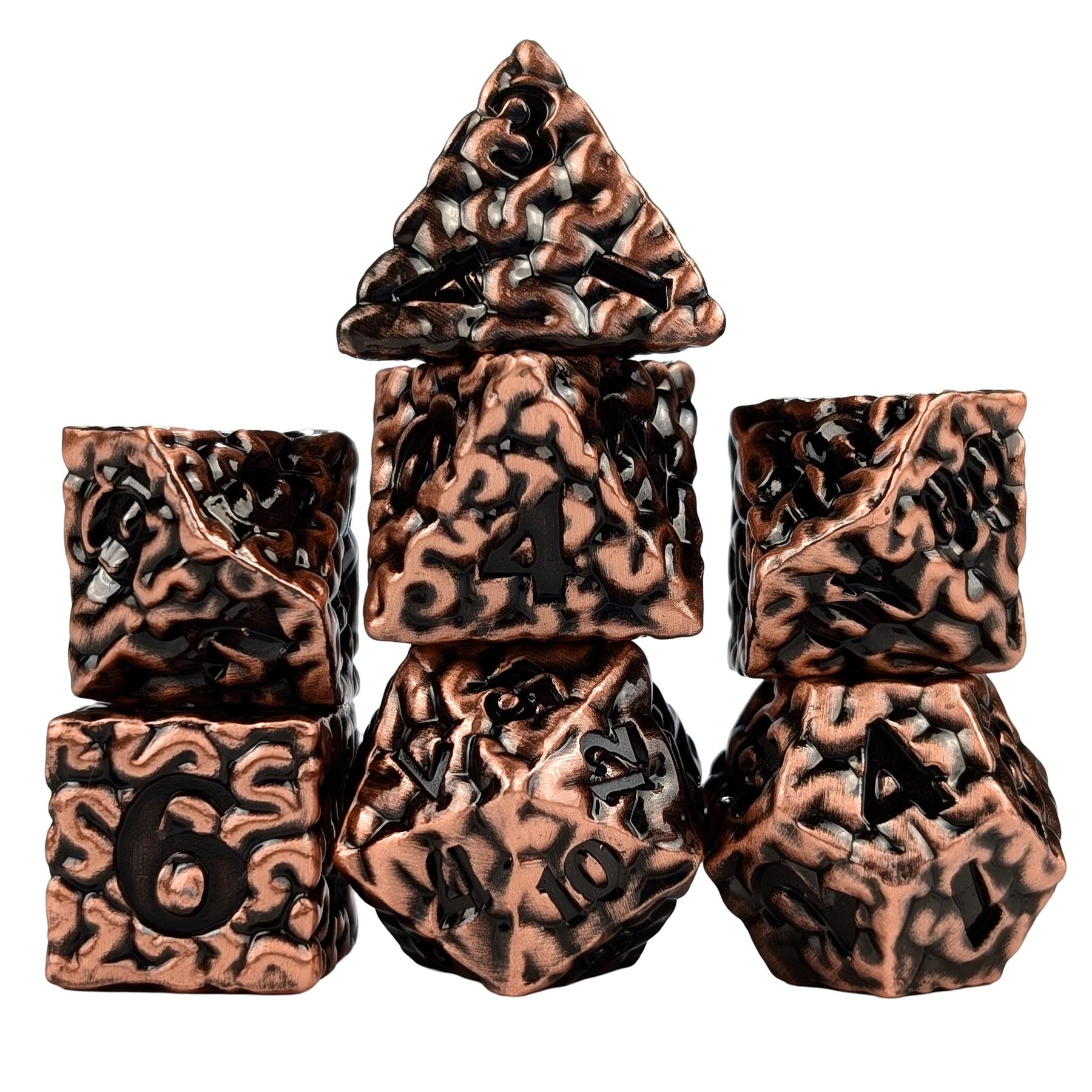 7pcs RPG Dice Set - Black Wash over Copper Metal Brains